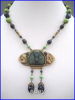 Stunning Art Deco Blue & Green Glass Egyptian Revival Pharaoh Necklace Neiger