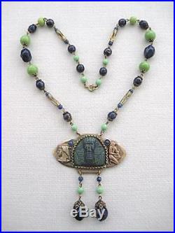 Stunning Art Deco Blue & Green Glass Egyptian Revival Pharaoh Necklace Neiger