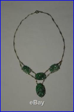 Stunning Art Deco Hand Carved Chinese Jade Jadeite Silver Sterling Necklace