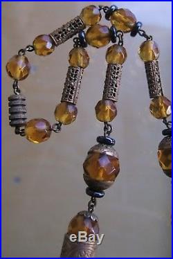 Stunning Chunky Vintage Neiger Amber Glass & Metal Bead Art Deco Necklace