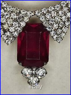 Stunning Vintage Rhinestone & Faux Ruby Art Deco Statement Necklace Costume