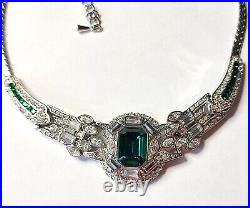 Stunning Vintage Rodium Plated Dior's Style Art Deco Revival Necklace Green Crys