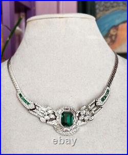 Stunning Vintage Rodium Plated Dior's Style Art Deco Revival Necklace Green Crys