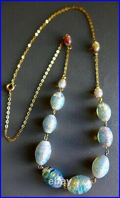Stunning, Vintage Venetian Art Deco Opalescent Foil Glass Necklace On Chain