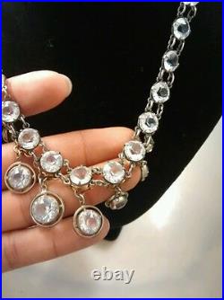 Stunning rare art deco antique French rock crystal bezels silver necklace