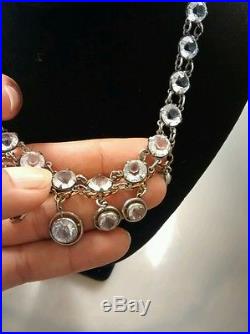 Stunning rare art deco antique French rock crystal bezels silver necklace