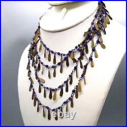 Super Long Antique Chain Art Deco Necklace with Bright Blue Czech Glass Beads an