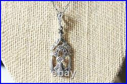 Superb ART DECO carved STERLING Silver MARCASITE Pendant PAPERCLIP Necklace