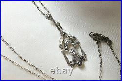 Superb ART DECO carved STERLING Silver MARCASITE Pendant PAPERCLIP Necklace