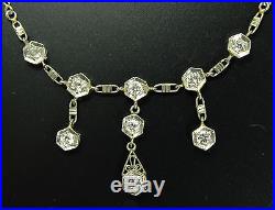 Superb Vintage 1920s Art Deco 14k White Gold Filigree Diamond Lavaliere Necklace