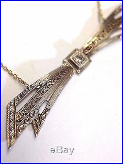 Sweet! Art Deco 14K White and Yellow Gold Filigree Diamond Bow Necklace