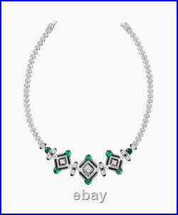 Syn Emerald & Onyx Designer Collar Necklace 925 Sterling Silver Art Deco Jewelry