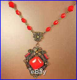 TO-DIE-FOR! 1930s Art Deco RED CZECH GLASS LAVALIERE NecklaceEnamelSeed Pearl