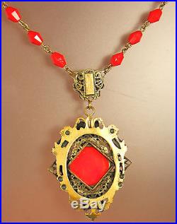 TO-DIE-FOR! 1930s Art Deco RED CZECH GLASS LAVALIERE NecklaceEnamelSeed Pearl