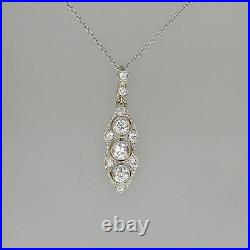 Three Stone Art Deco Pendant Necklace 2.1 Ct Lab Created Diamond 14K White Gold