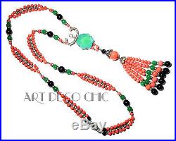 ULTRA RARE Art Deco Coral Emerald Onyx & Diamante Paste Tassel Sautoir Necklace