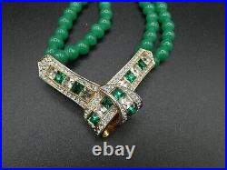 US874 Art Deco 2 strand green marble glass quartz crystal necklace 15