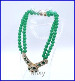 US874 Art Deco crystal rhinestone double strand green art glass necklace 15