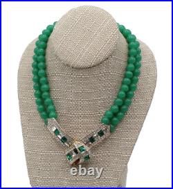 US874 Art Deco crystal rhinestone double strand green art glass necklace 15