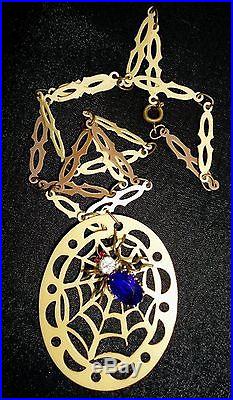 Unique Art Deco Crystal Spider & Celluloid Pendant Necklace