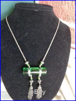 Unusual Art Deco Emerald Green Crystal Glass Tassel Pendant Necklace 1920s 1930s