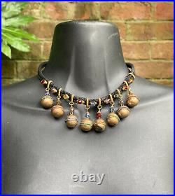 Unusual Early Miriam Haskell/ Hess Brass Ball Crystal Charm Necklace Vintage