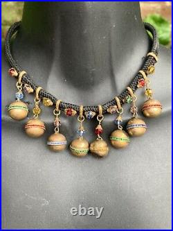 Unusual Early Miriam Haskell/ Hess Brass Ball Crystal Charm Necklace Vintage