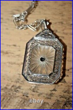 VINTAGE 10k White Gold Filigree Camphor Glass Diamond Pendant Necklace Art Deco