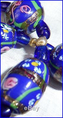 Vintage Antique Art Deco Venetian Glass Fancy Blue Rose Bead Necklace