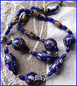 Vintage Antique Art Deco Venetian Glass Fancy Blue Rose Bead Necklace