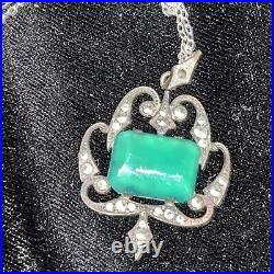 VINTAGE ART DECO 20'S STERLING SILVER & MARCASITE JADE NECKLACE With18 CHAIN