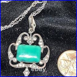 VINTAGE ART DECO 20'S STERLING SILVER & MARCASITE JADE NECKLACE With18 CHAIN