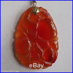 Vintage Art Deco Chinese 14k Gold Carved Carnelian Pendant Necklace