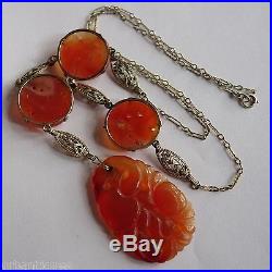 Vintage Art Deco Chinese 14k Gold Carved Carnelian Pendant Necklace