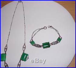 Vintage Art Deco Chrysoprase Necklace & Bracelet Marcasite Sterling Silver
