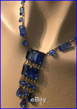 VINTAGE ART DECO CZECH Cobalt Blue GLASS DANGLES Pendant NECKLACE