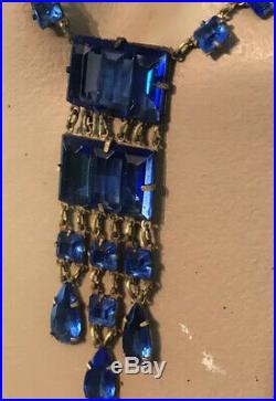 VINTAGE ART DECO CZECH Cobalt Blue GLASS DANGLES Pendant NECKLACE