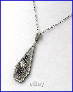 Vintage Art Deco Diamond Sapphire 10k White Gold Filigree Pendant Necklace