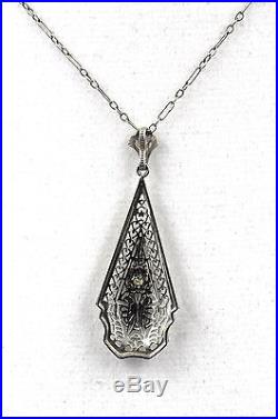 Vintage Art Deco Diamond Sapphire 10k White Gold Filigree Pendant Necklace