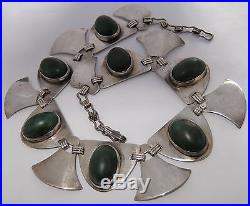 Vintage Art Deco Egyptian Revival Sterling Silver Green Onyx Collar Necklace