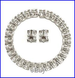 VINTAGE ART DECO PAVE SILVER Diamante Crystal Rhinestone Necklace Earring Set
