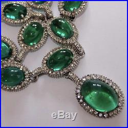 Vintage Art Deco Rhodium Plate Rhinestone Emerald Green Givre Art Glass Necklace