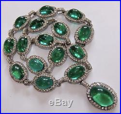 Vintage Art Deco Rhodium Plate Rhinestone Emerald Green Givre Art Glass Necklace