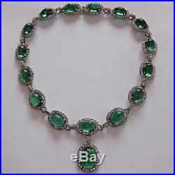 Vintage Art Deco Rhodium Plate Rhinestone Emerald Green Givre Art Glass Necklace