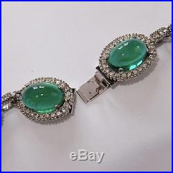 Vintage Art Deco Rhodium Plate Rhinestone Emerald Green Givre Art Glass Necklace