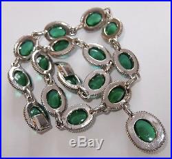 Vintage Art Deco Rhodium Plate Rhinestone Emerald Green Givre Art Glass Necklace