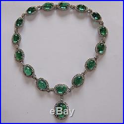 Vintage Art Deco Rhodium Plate Rhinestone Emerald Green Givre Art Glass Necklace