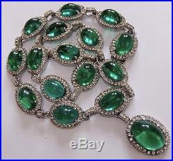 Vintage Art Deco Rhodium Plate Rhinestone Emerald Green Givre Art Glass Necklace