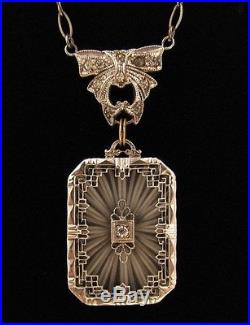 Vintage Art Deco Sterling Silver Camphor Glass Rhinestone Pendant Necklace