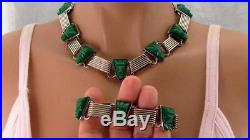 Vintage Art Deco Sterling Silver Green Stone Face Necklace &bracelet Lot Mexico